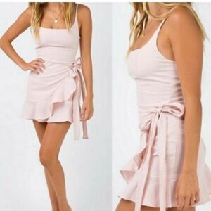 Blush Pink Wrap Mini Dress | Tie Waist | Ruffle Hem